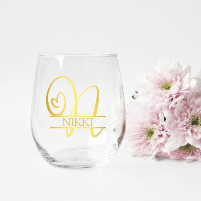 Letter N Monogram Bridesmaid Gift, Modern Elegant Stemless Wine Glass (stemless wine glass for a bridesmaid gift that has a gold split N monogram and customized with name)