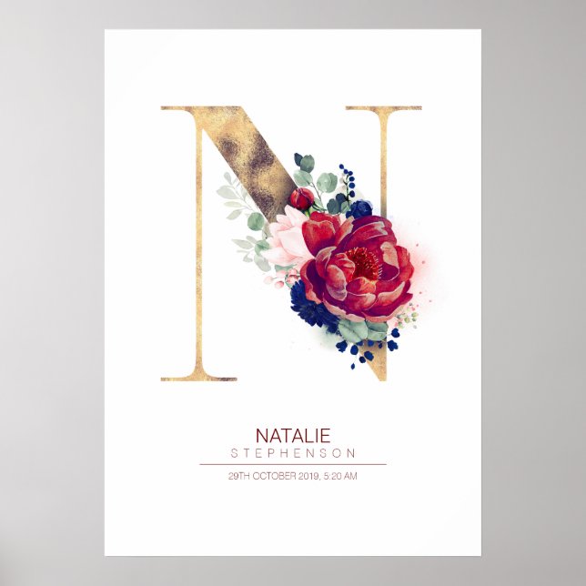 Letter N Monogram Floral Navy Blue and Burgundy Poster (Front)
