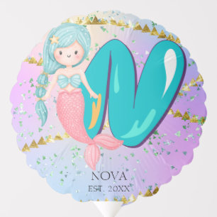 Letter N Monogram Watercolor Cute Mermaid Nursery Balloon