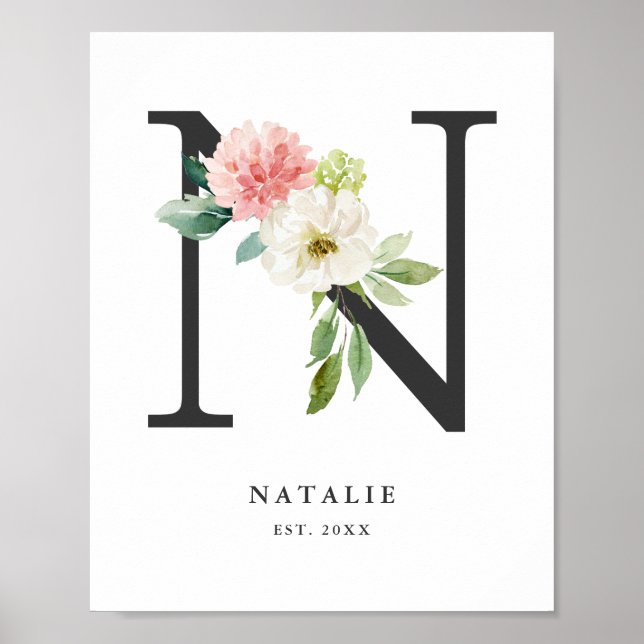 Letter N Monogram Watercolor Peach Florals Nursery Poster (Front)