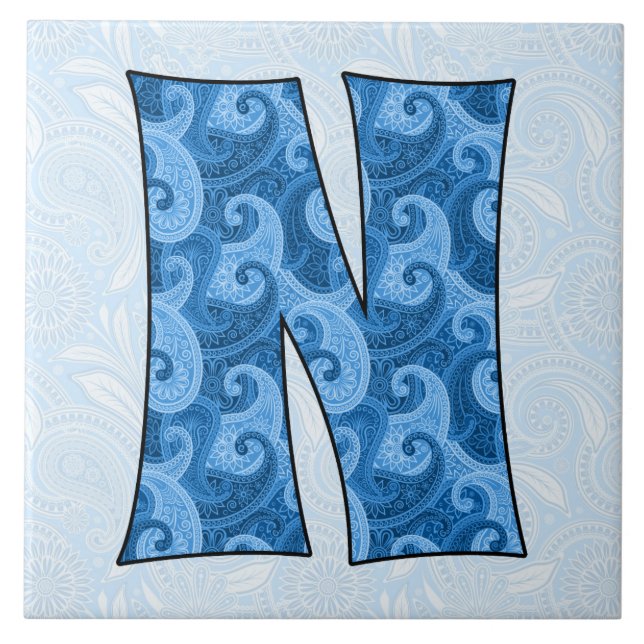 Letter N - Monogrammed Blue Paisley Tile (Front)
