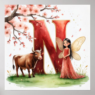 Letter N Ox Fairy Poster - Cherry Blossom Art