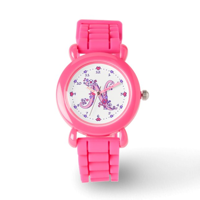 Letter N pink monogram personalized girls watch (Front)