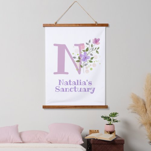 Letter N plus First Name with a Floral Design Hanging Tapestry