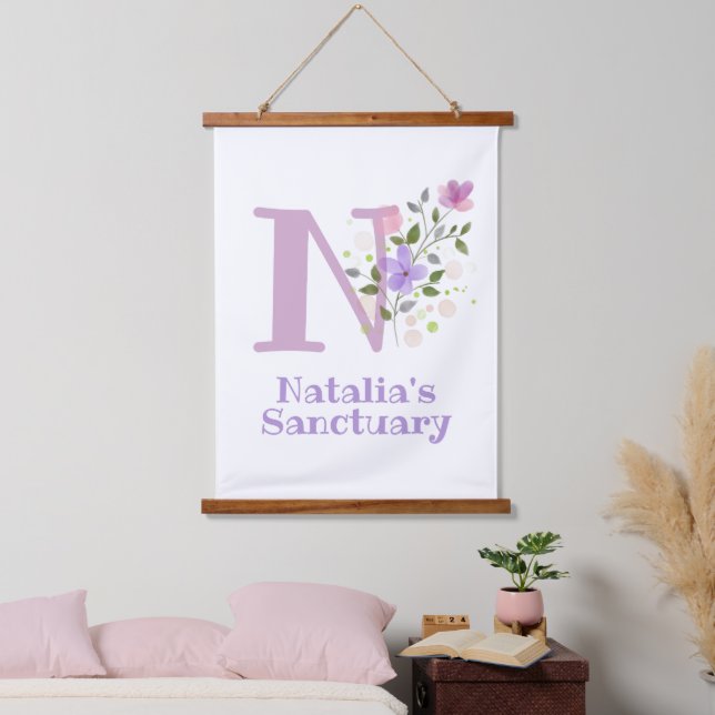 Letter N plus First Name with a Floral Design Hanging Tapestry (Bedroom)