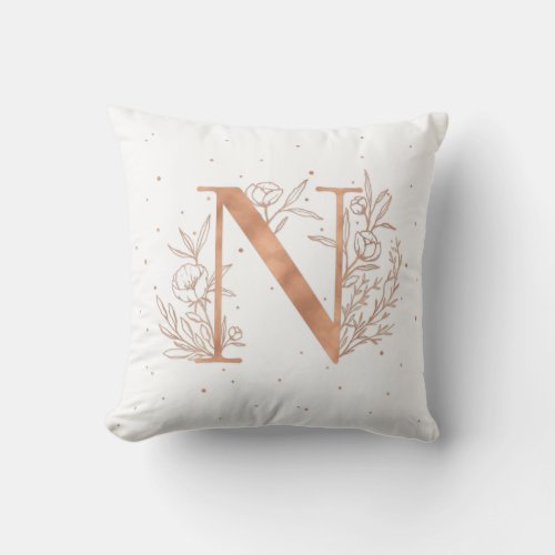 Letter N Rose Gold Monogram Botanical Illustration Throw Pillow