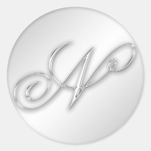 Letter N script initial faux silver monogram favor Classic Round Sticker