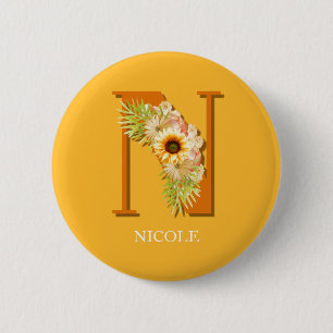 Letter N Sunflower Floral Monogram with Name Button