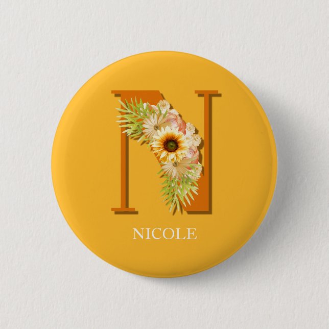 Letter N Sunflower Floral Monogram with Name Button (Front)