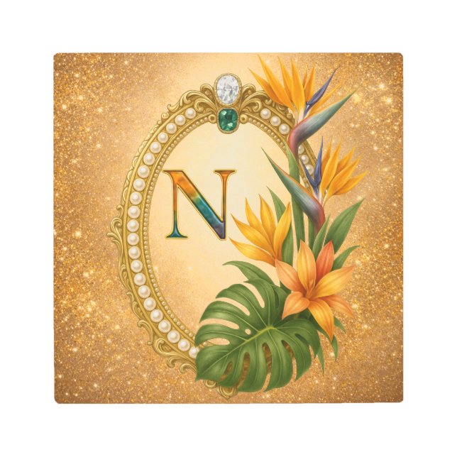 Letter N Tropical Monogram Gold Metal Wall Art (Front)