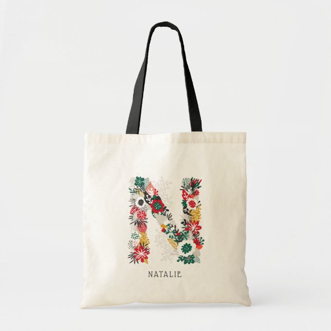 Letter N | Whimsical Floral Letter Monogram I Tote Bag (Front)