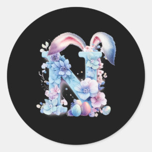 Letter N With Bunny Ears Adorned With Soft Pastel  Classic Round Sticker