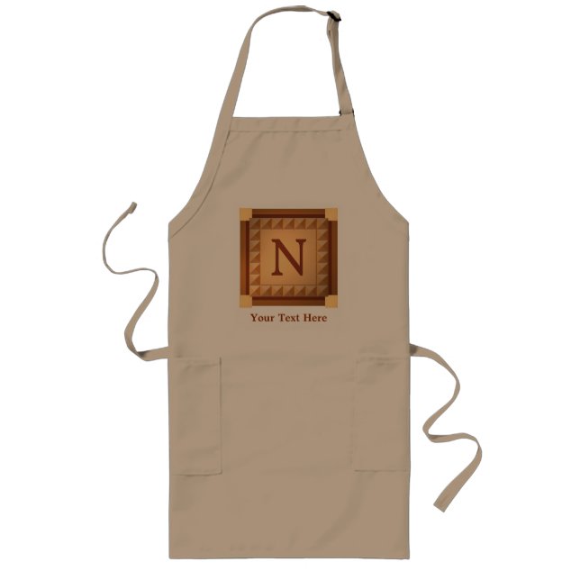 Letter N: Wood Look Initial with Custom Text Long Apron (Front)