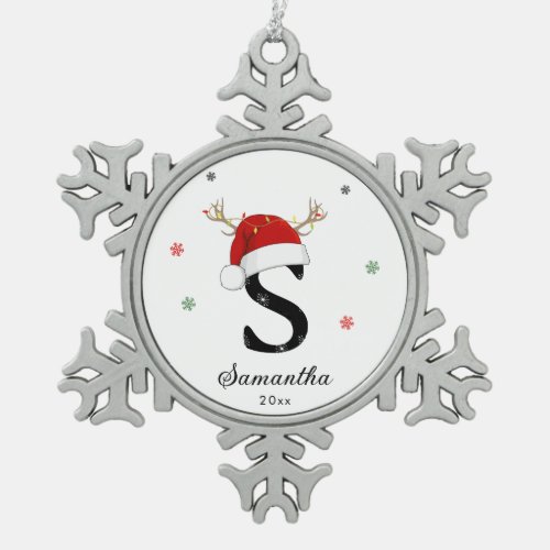 Letter Name Santa Hat  Monogram  Custom Initial Snowflake Pewter Christmas Ornament