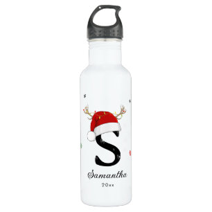Letter Name Santa Hat Monogram Custom Initial Stainless Steel Water Bottle