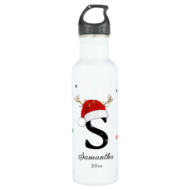 Letter Name Santa Hat | Monogram | Custom Initial Stainless Steel Water Bottle (Front)