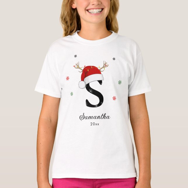 Letter Name Santa Hat | Monogram | Custom Initial T-Shirt (Front)