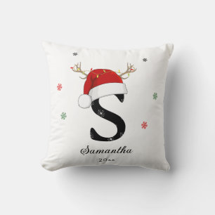 Letter Name Santa Hat Monogram Custom Initial Throw Pillow
