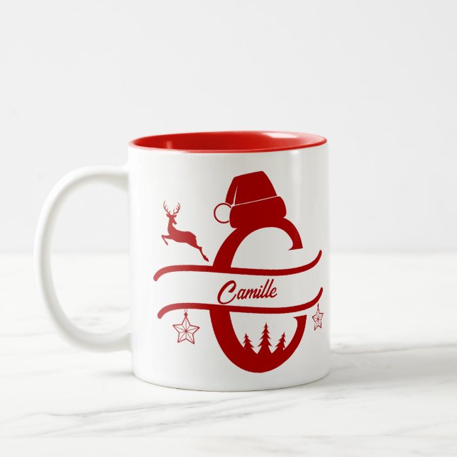 Letter Name Santa Hat | Monogram | Custom Initial  Two-Tone Coffee Mug (Left)