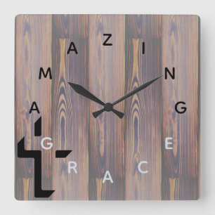 Letter Numbers Wood Grain Square Wall Clock