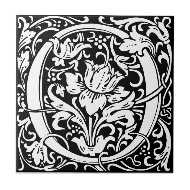Letter O art nouveau black and white Tile (Front)