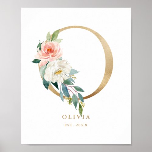 Letter O Blush Floral Monogram Gold Foil Nursery Poster