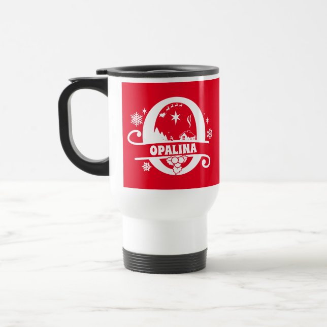 Letter O Christmas Monogram Initial Name Red Travel Mug (Left)