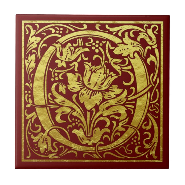 Letter O First Letter Faux Gold Red Ceramic Tile (Front)