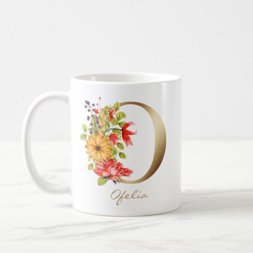 Letter O Gold Monogram Yellow Red Purple Floral Coffee Mug