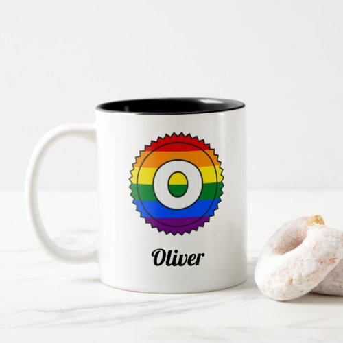 Letter O Initial  Name Gay Pride Rainbow Monogram Two_Tone Coffee Mug