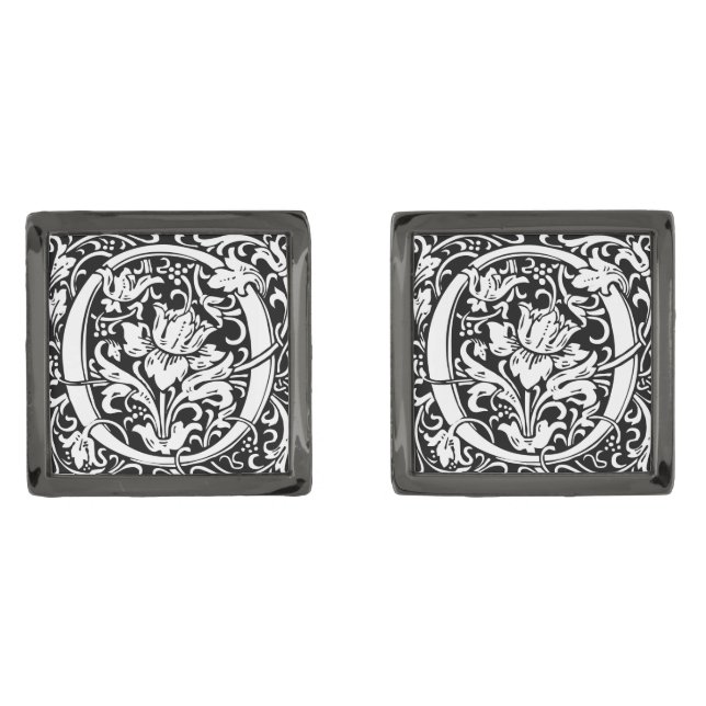 Letter O Medieval Monogram Art Nouveau Gunmetal Finish Cufflinks (Front)