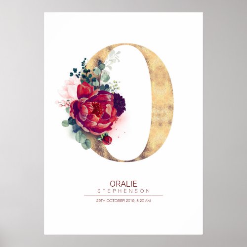 Letter O Monogram Floral Burgundy Red and Gold Poster