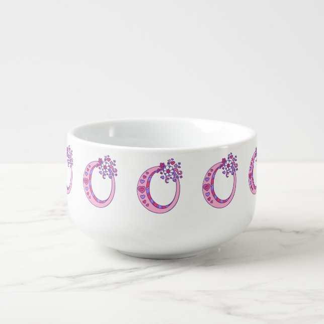 Letter O monogram pink purple art soup bowl mug (Front)