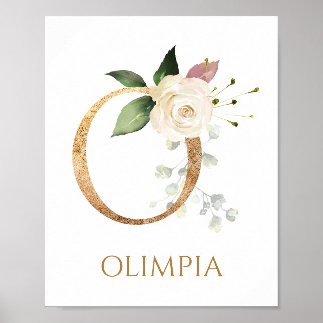 Letter O Monogram white cream rose Nursery Poster (Front)