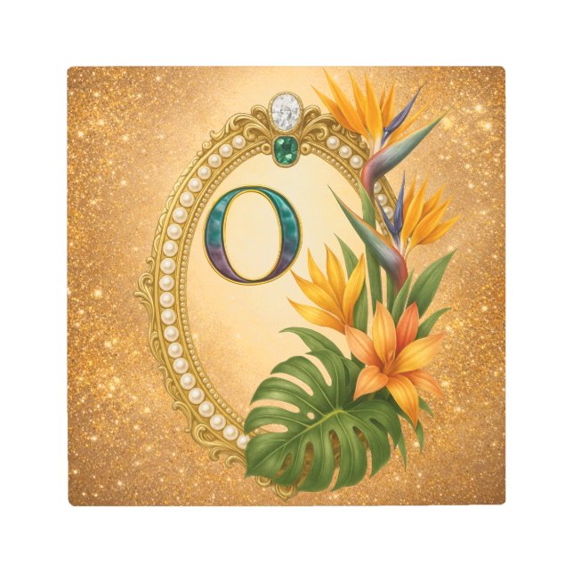 Letter O Tropical Monogram Gold Metal Wall Art (Front)