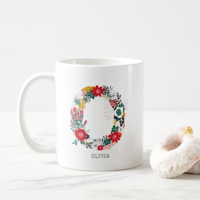 Letter O | Whimsical Floral Letter Monogram I Mug (With Donut)