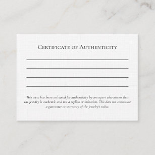 Letter of Authenticity Template for Jewelry  Business Card