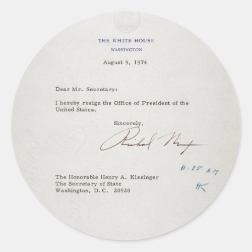 Letter of Resignation of Richard M Nixon 1974 Classic Round Sticker