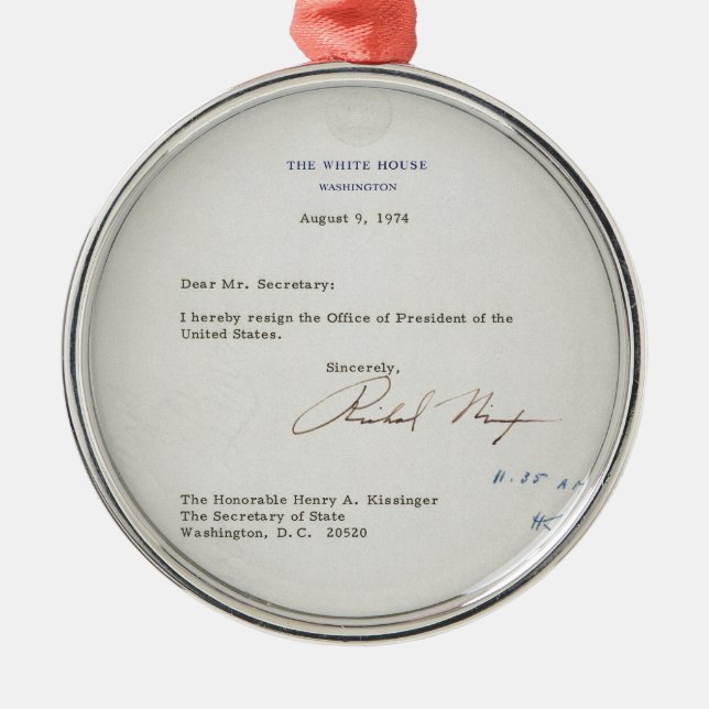 Letter of Resignation of Richard M. Nixon 1974 Metal Ornament (Front)