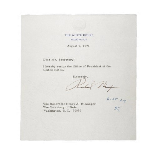Letter of Resignation of Richard M Nixon 1974 Notepad