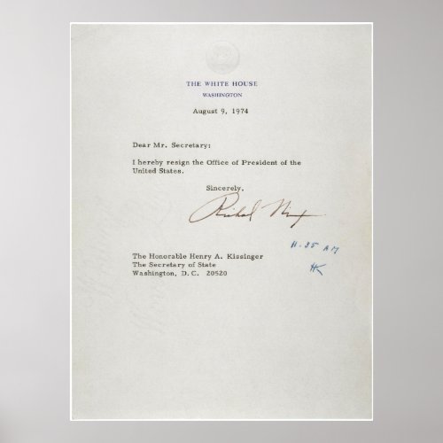 Letter of Resignation of Richard M Nixon 1974 Poster
