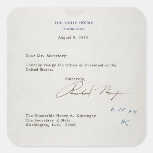 Letter of Resignation of Richard M Nixon 1974 Square Sticker