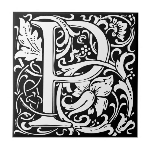 Letter P art nouveau black and white Tile