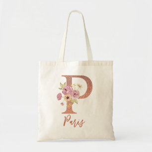 Letter P Blush pink Glitter Floral Monogram Tote Bag
