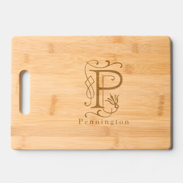 Letter P Elegant Monogram Personalized Name Engraved Cutting Board (Front)