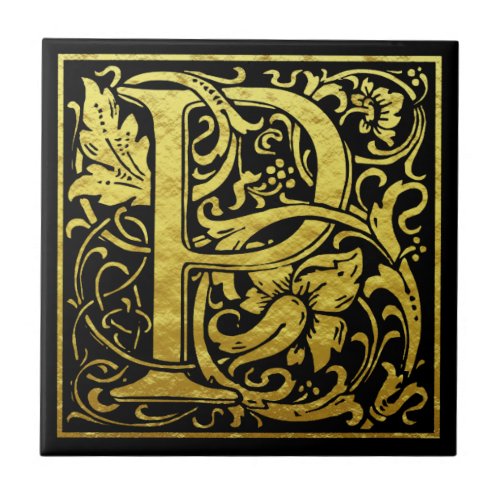Letter P First Letter Faux Gold Black Ceramic Tile