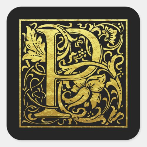 Letter P First Letter Faux Gold Black Square Sticker
