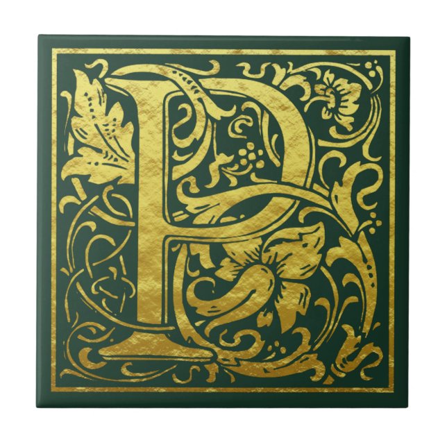 Letter P First Letter Faux Gold Celtic Green Ceramic Tile (Front)
