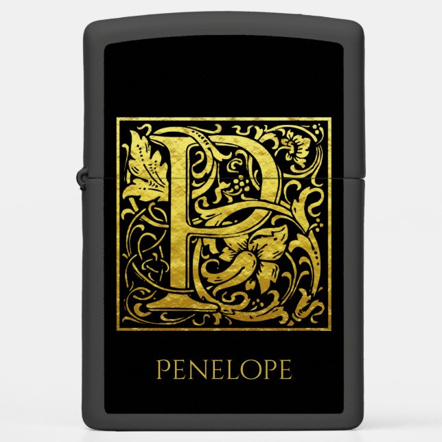 Letter P First Letter Faux Gold on Black Zippo Lighter (Front)