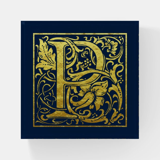 Letter P First Letter Faux Gold on midnight blue Paperweight (Front)